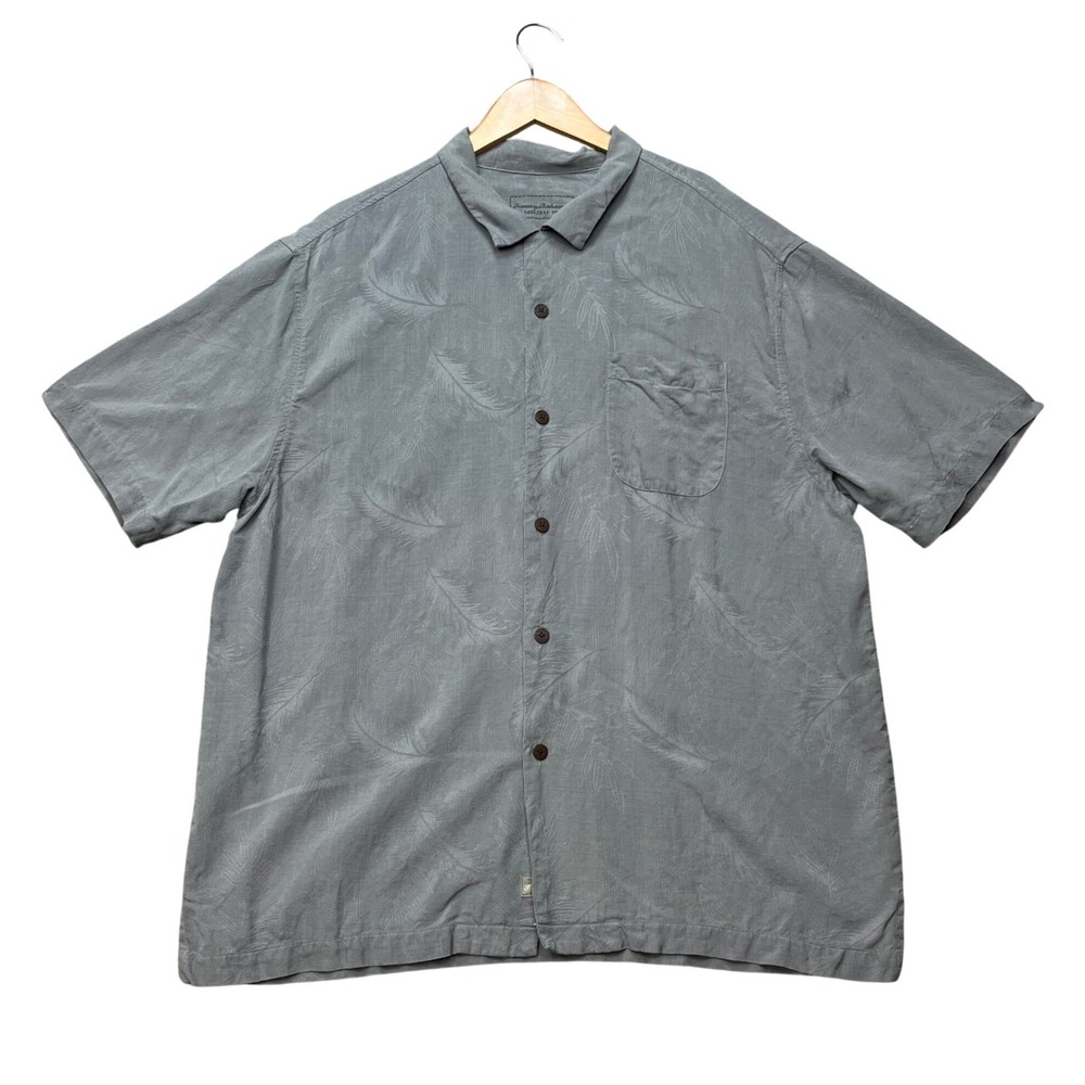 Tommy Bahama Camp Shirt Mens XL Gray Feather Jacquard Original Fit Tropical Silk